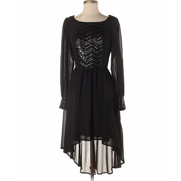 Gianni Bini Black Sequin Hi-Low Cocktail Dress | Long Sleeve | Size 5 - Picture 2 of 10